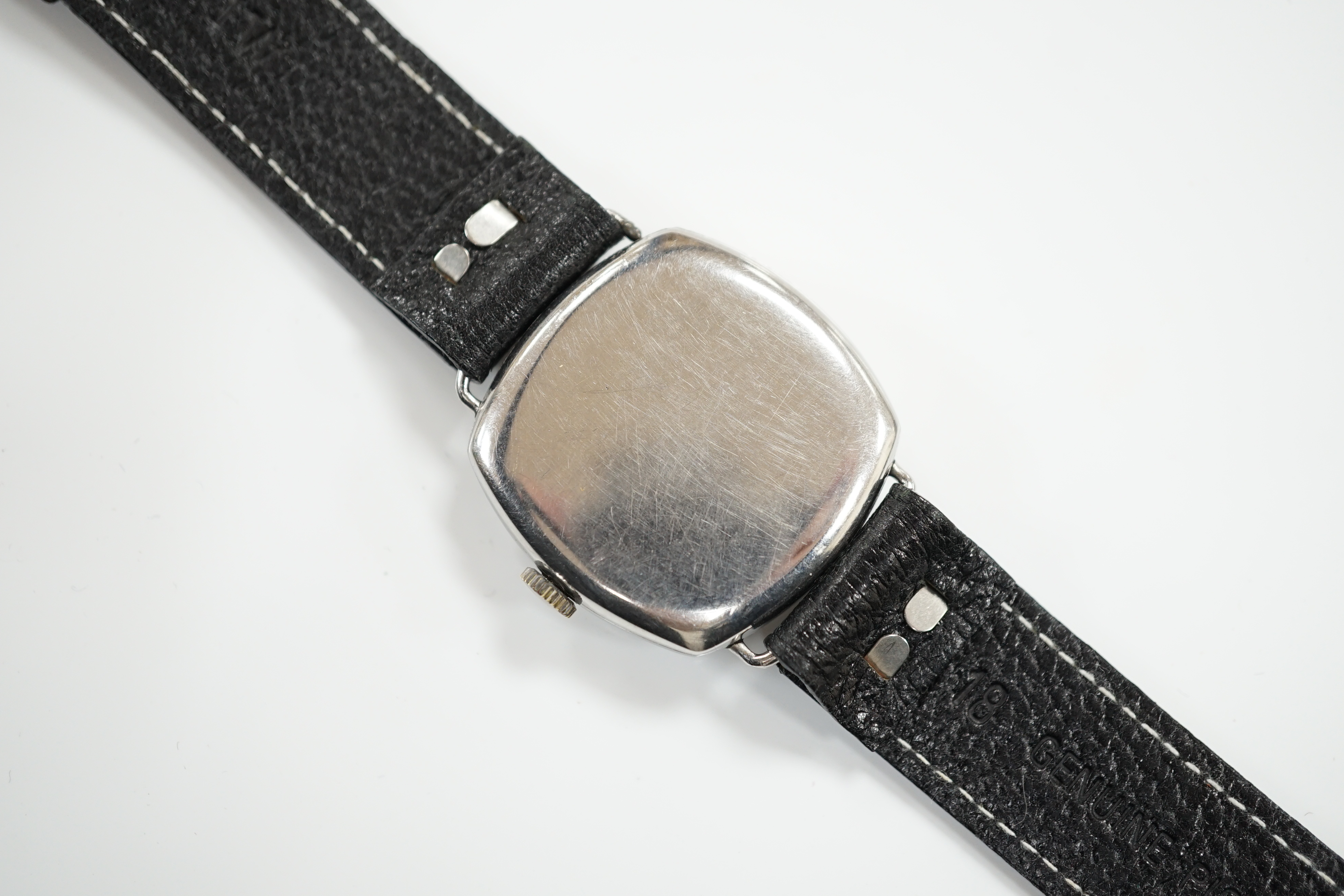 A gentleman's 1930's? stainless steel Longines manual wind wrist watch, with Arabic dial and subsidiary seconds, case diameter 32mm, on an associated leather strap.